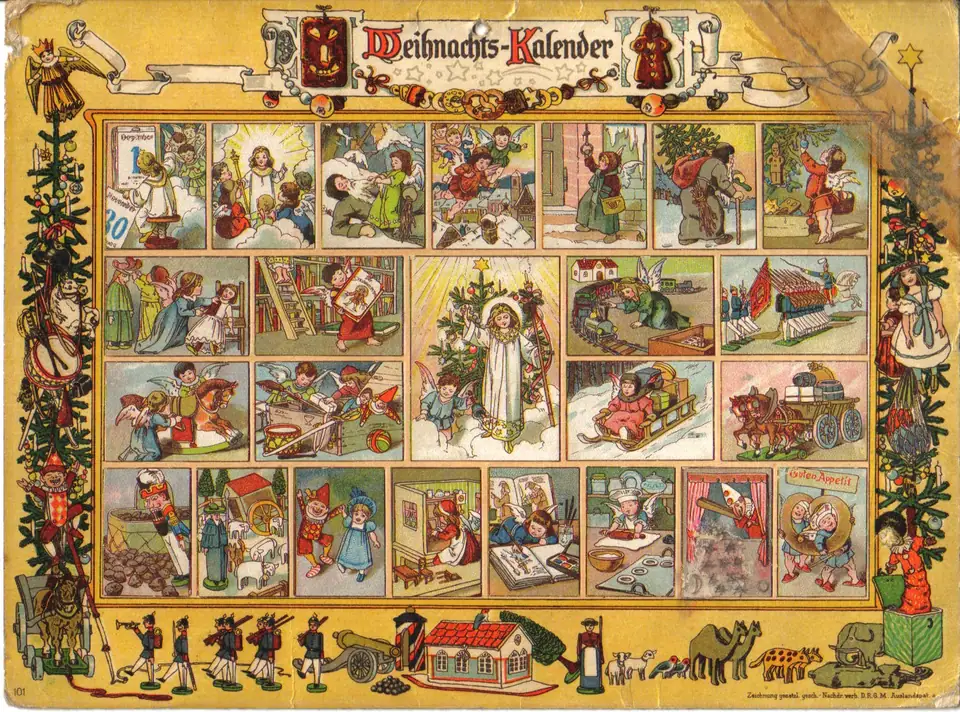 Im Lande des Christkinds, an early printed advent calendar published by Gerhard Lang in Munich, with 24 illustrated picture boxes by Richard Ernst Kepler